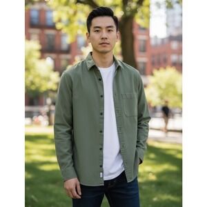 COS Relaxed Fit Olive Green Cotton Long Sleeve Button Up Shirt Men Size S